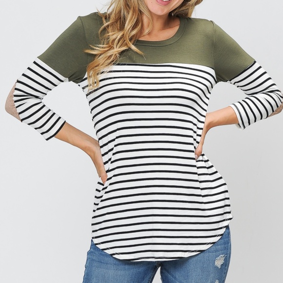 3/4 SLEEVE COLOR BLOCK TOP WITH ELBOW PATCH - Picture 3 of 7
